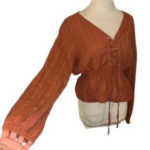 100% cotton charlotte russe y2k tie-up long sleeve peplum v neck blouse size xl